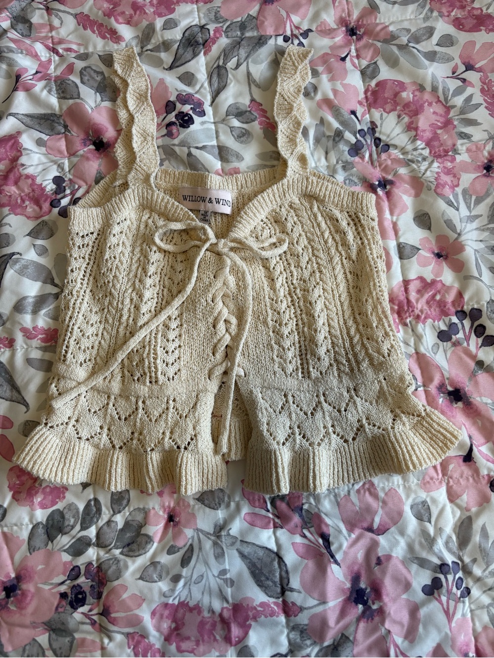 Willow & Wind Cream Crochet Tie-Front Tank Sweater